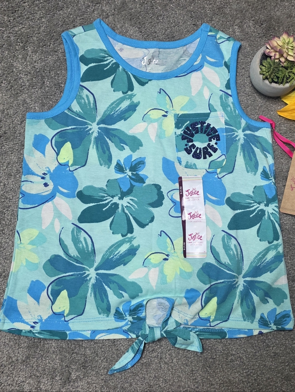 Justice Girl's Tropical Summer Tank Top Blue & Green with Flowers Size S 7-8